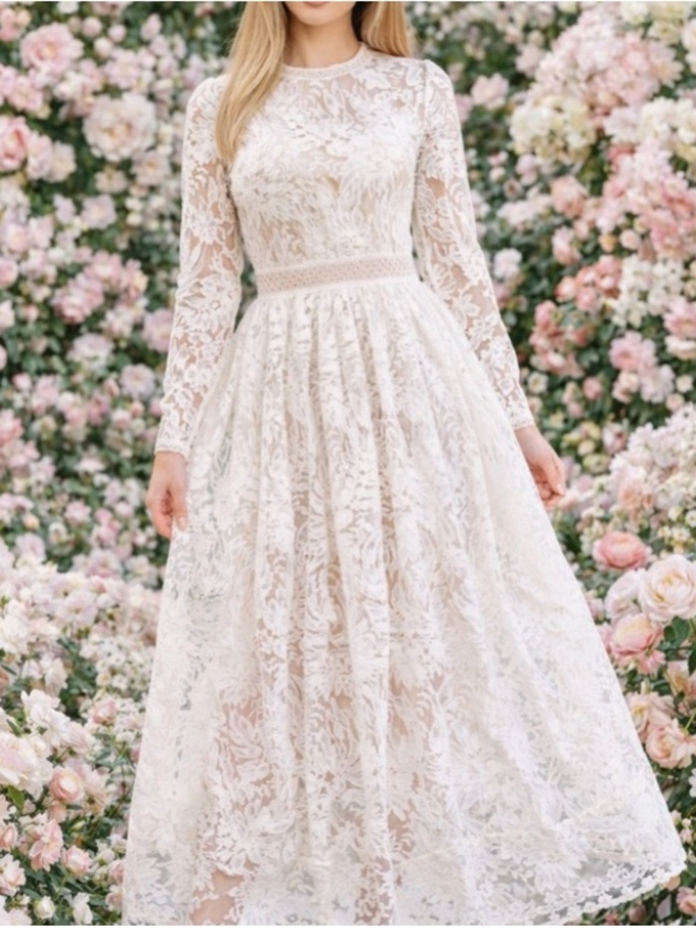 Ivy City Co White Lace Midi Dress with Long Sleeves - Picture 2 of 7